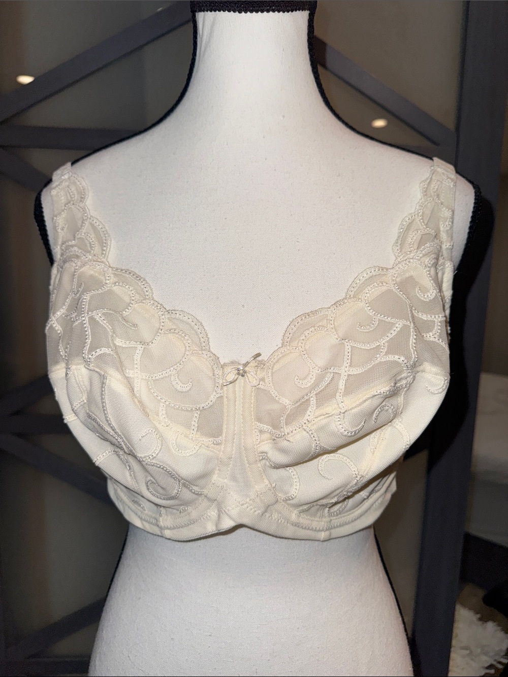 Fayreform Bra 38E Ivory Embroidered Sheer Lace Full Cup Underwire